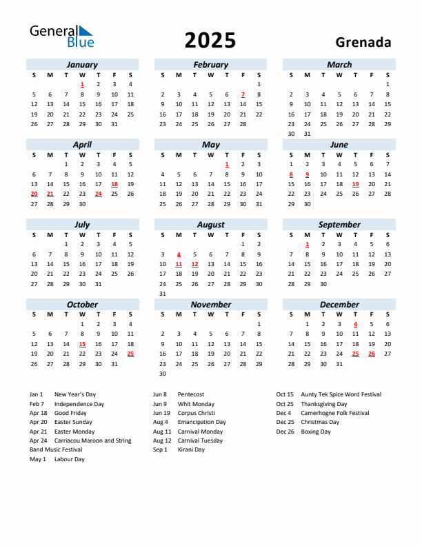 2025 Calendar for Grenada with Holidays