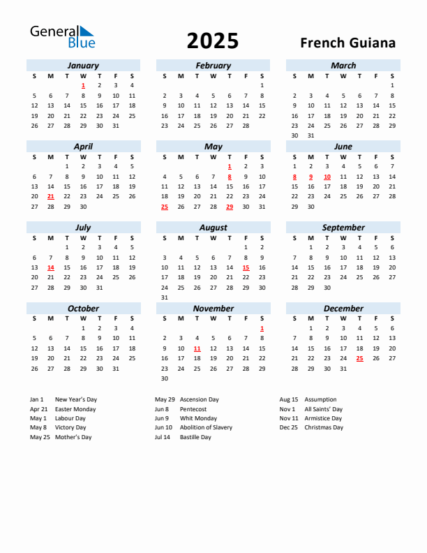 2025 Calendar for French Guiana with Holidays
