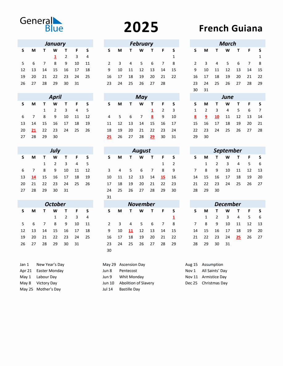 2025 Yearly Calendar for French Guiana with Holidays