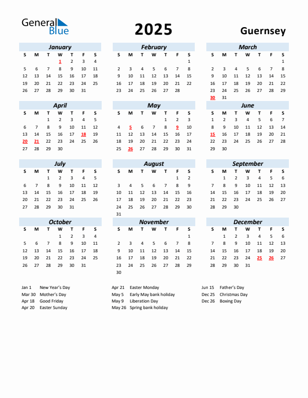 2025 Calendar for Guernsey with Holidays