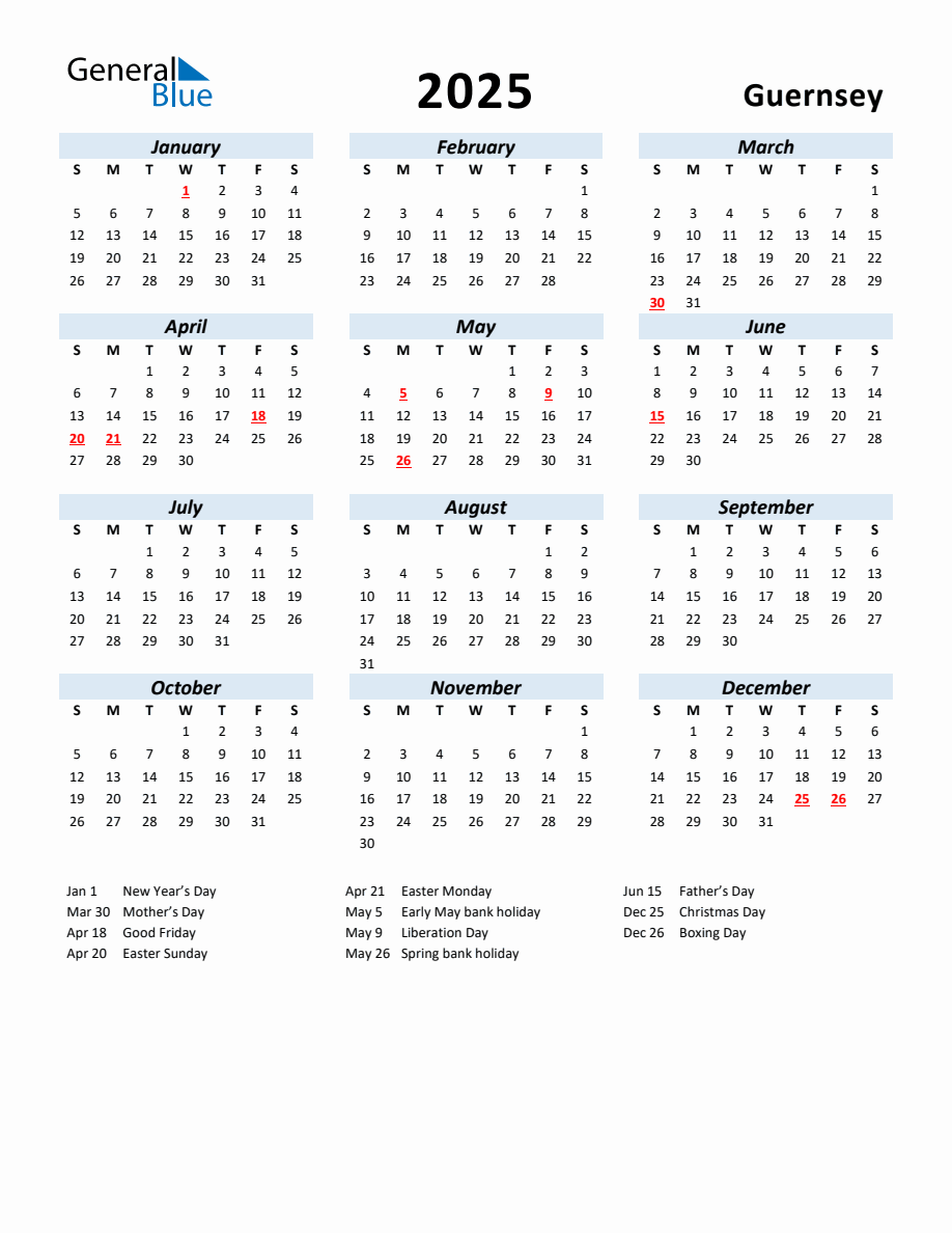 2025 Yearly Calendar for Guernsey with Holidays