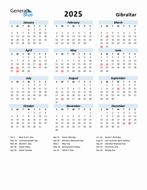 2025 Calendar for Gibraltar with Holidays