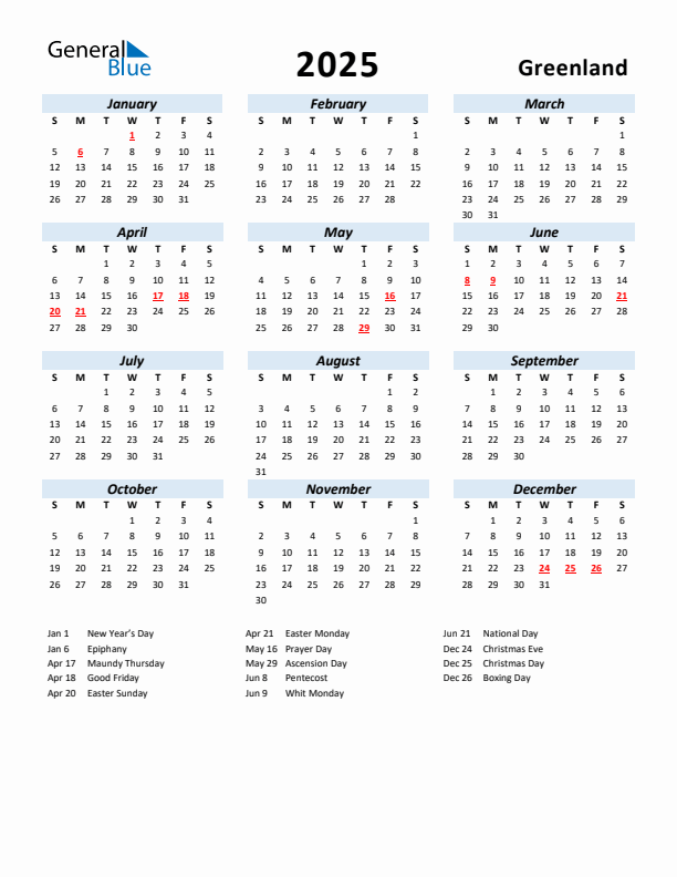 2025 Calendar for Greenland with Holidays