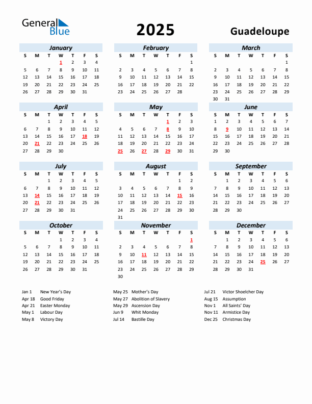 2025 Yearly Calendar for Guadeloupe with Holidays