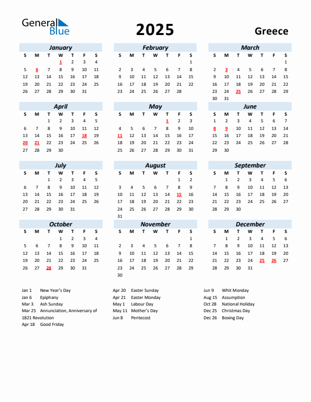 2025 Yearly Calendar for Greece with Holidays