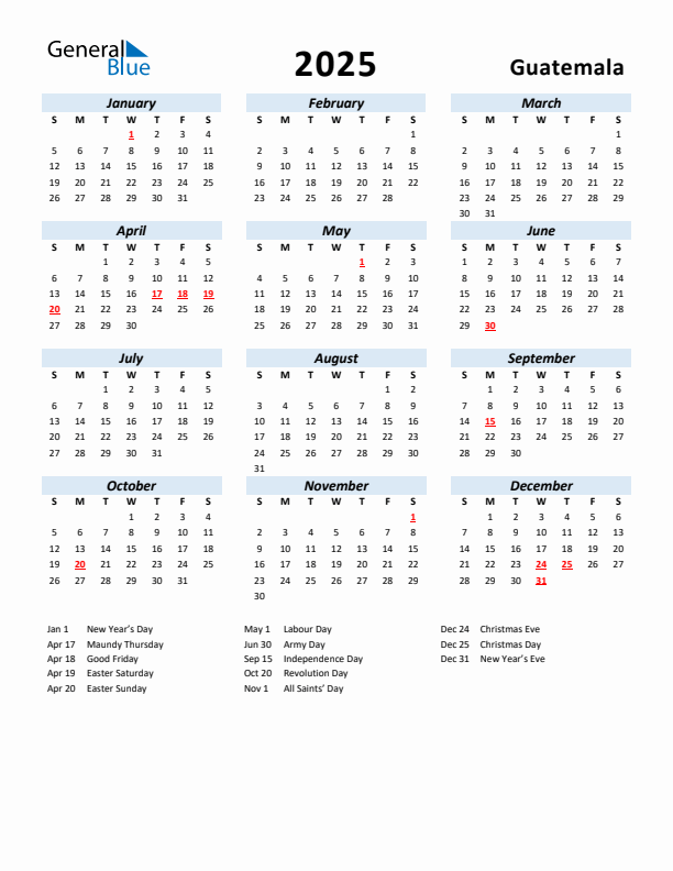 2025 Calendar for Guatemala with Holidays