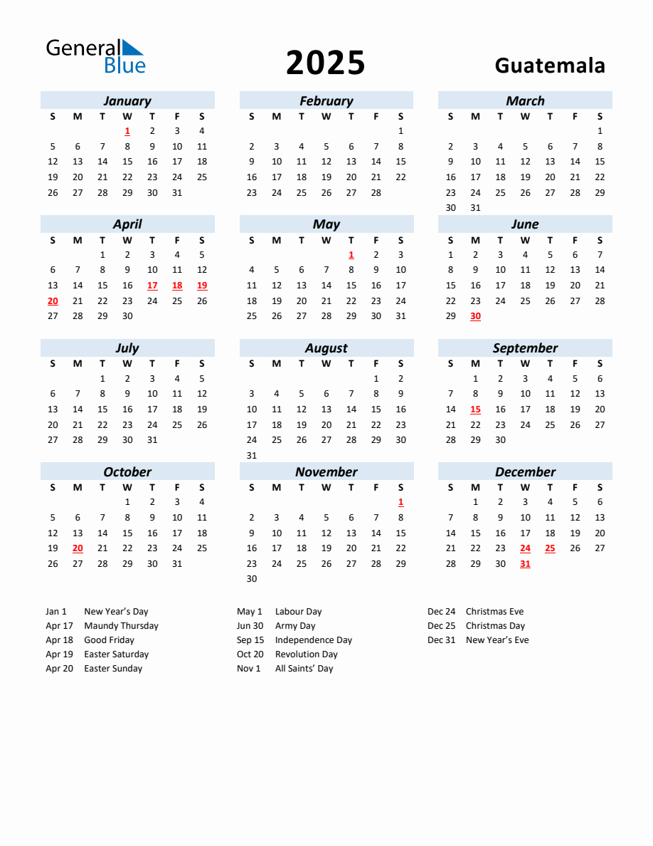 2025 Yearly Calendar for Guatemala with Holidays