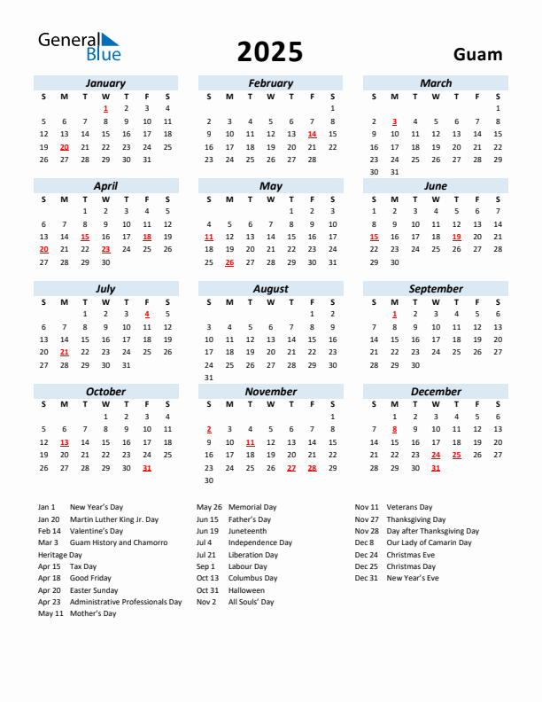 2025 Calendar for Guam with Holidays