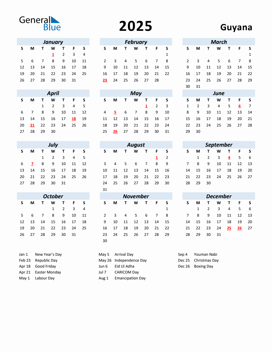 2025 Yearly Calendar for Guyana with Holidays