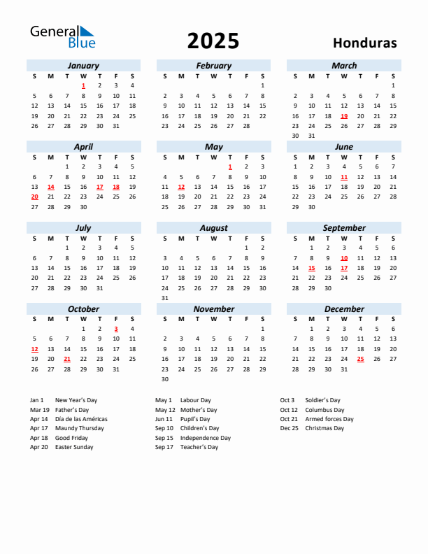 2025 Calendar for Honduras with Holidays