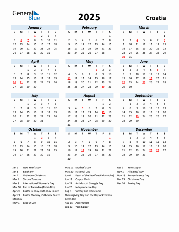 2025 Calendar for Croatia with Holidays