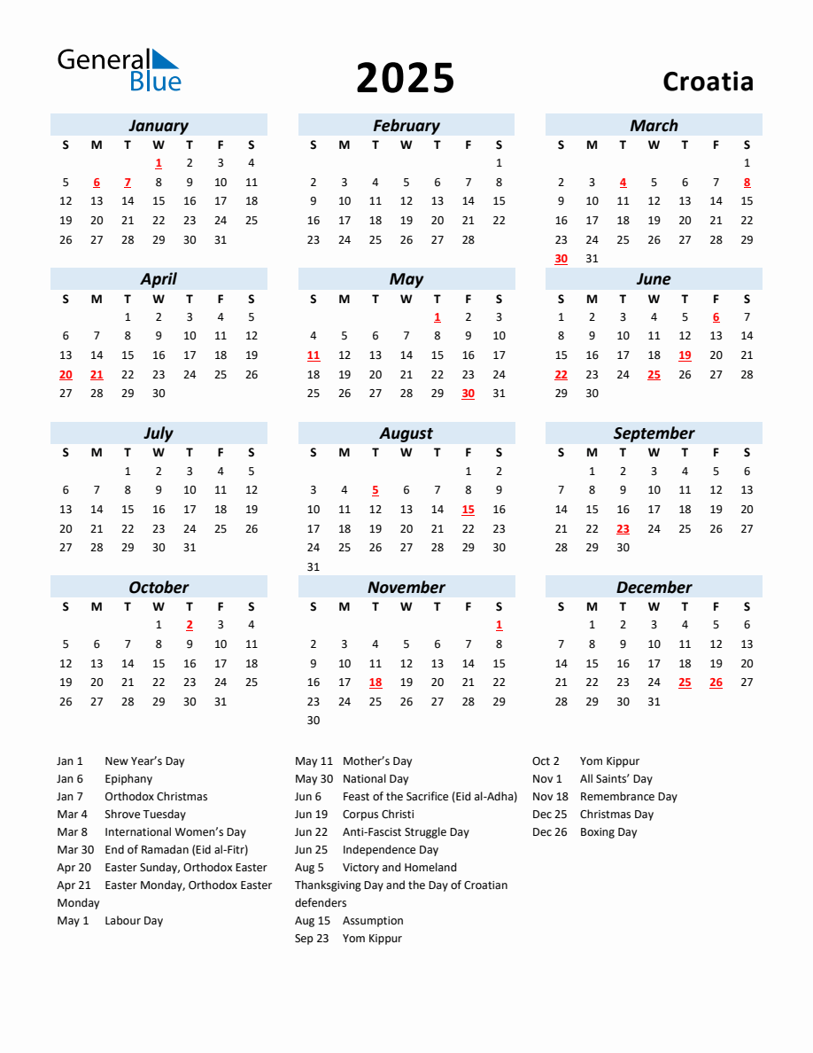 2025 Yearly Calendar for Croatia with Holidays