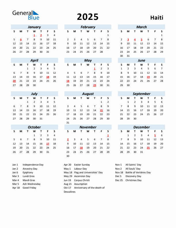 2025 Calendar for Haiti with Holidays