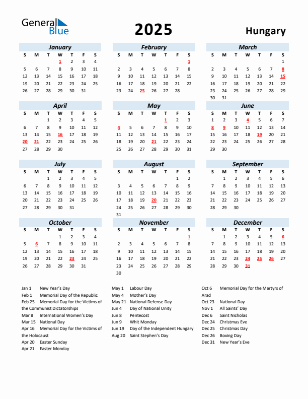 2025 Calendar for Hungary with Holidays