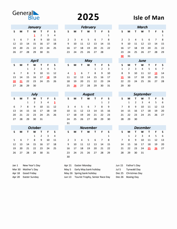 2025 Calendar for Isle of Man with Holidays