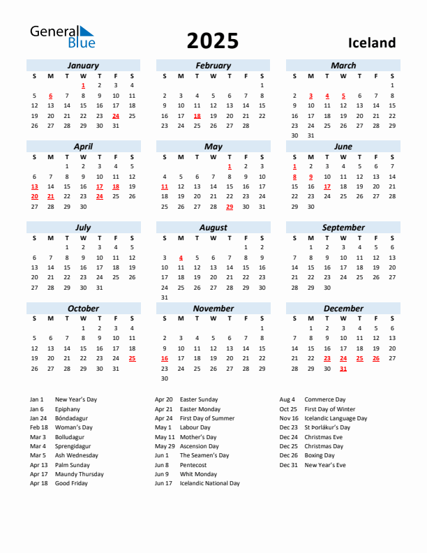 2025 Calendar for Iceland with Holidays