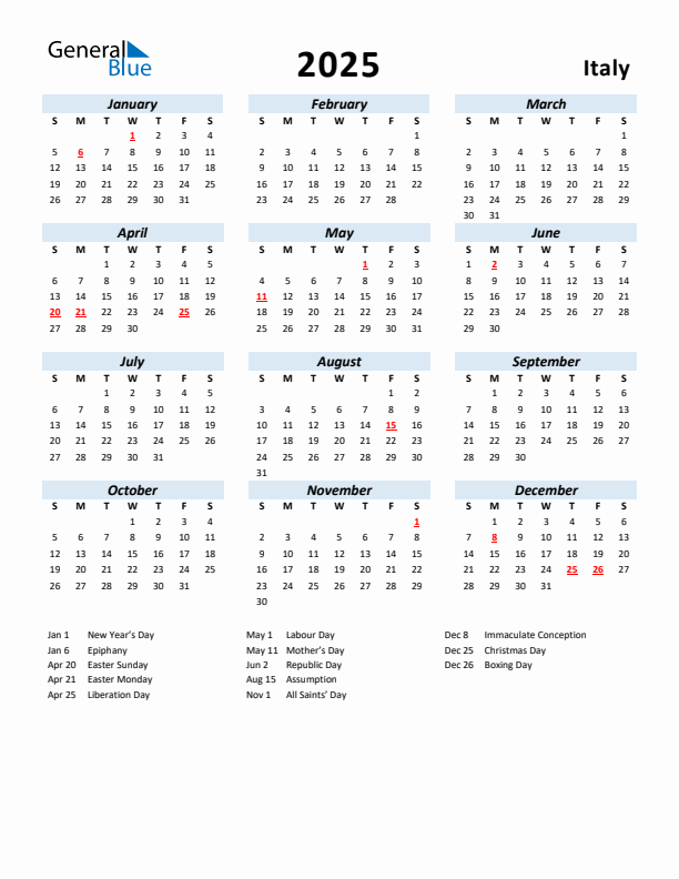 2025 Calendar for Italy with Holidays