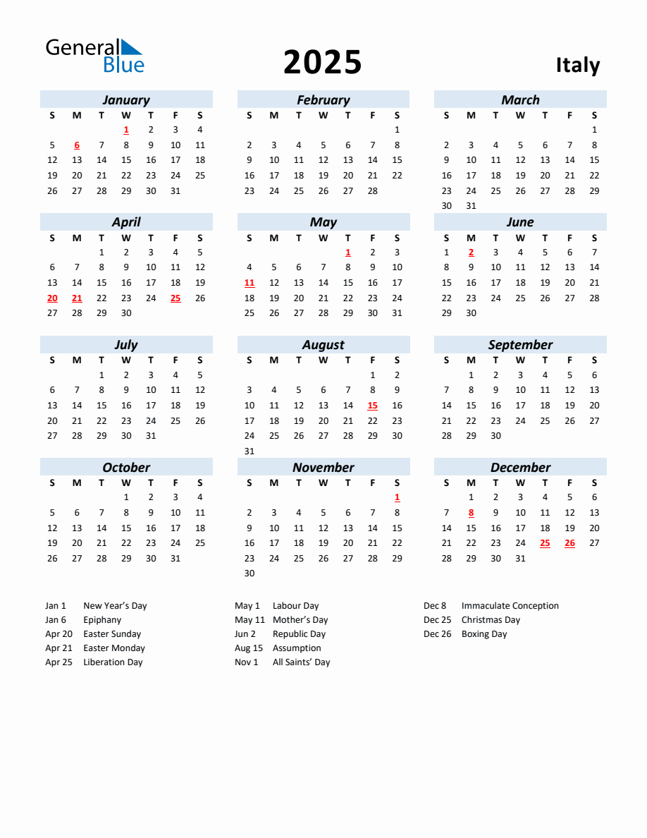 2025 Yearly Calendar for Italy with Holidays