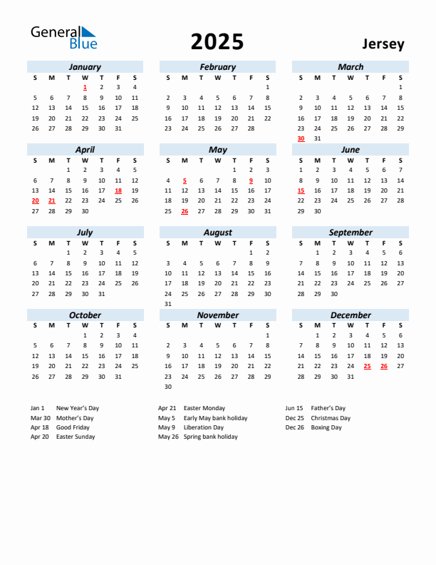 2025 Jersey Calendar With Holidays