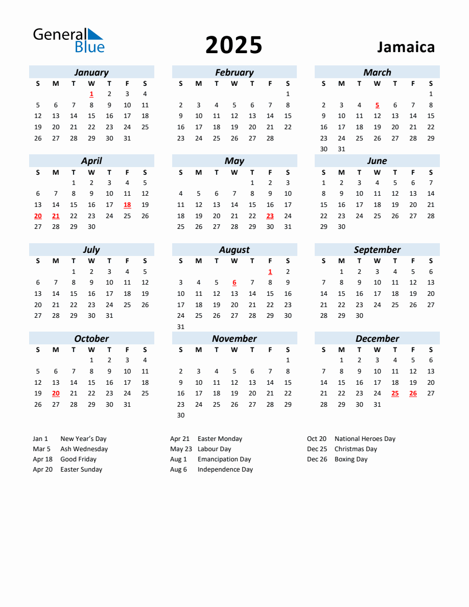 2025 Yearly Calendar for Jamaica with Holidays