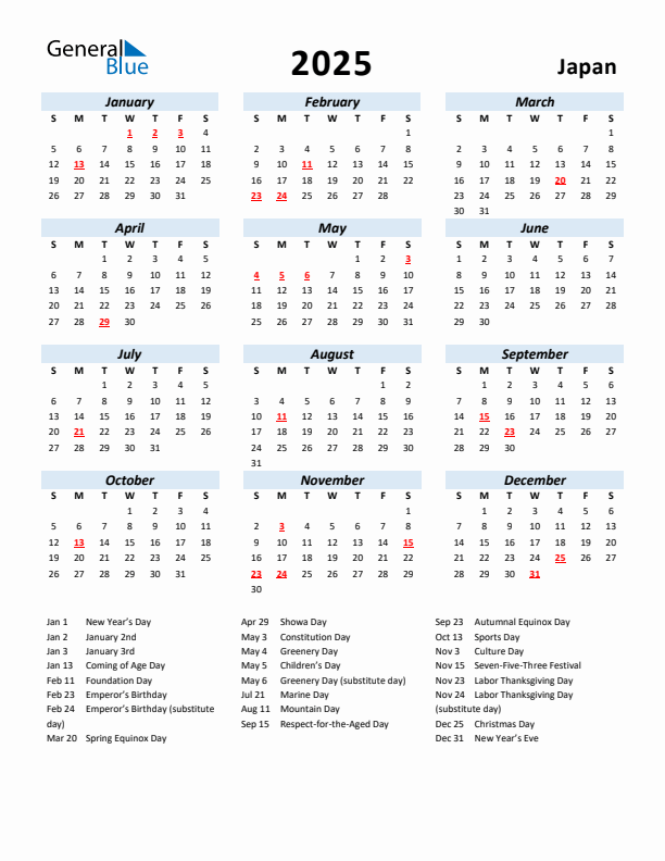 2025 Calendar for Japan with Holidays