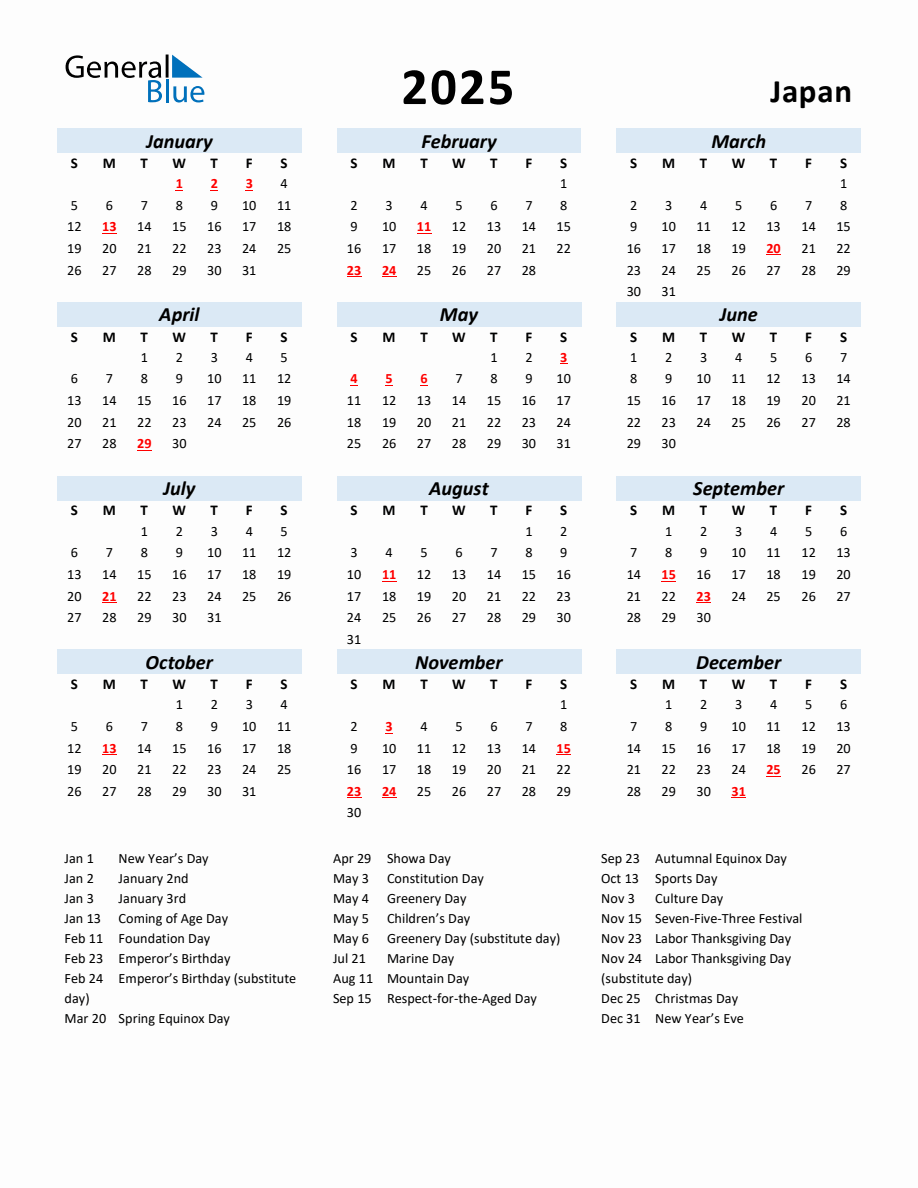 2025 Yearly Calendar for Japan with Holidays