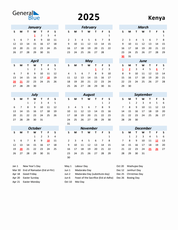 2025 Calendar for Kenya with Holidays