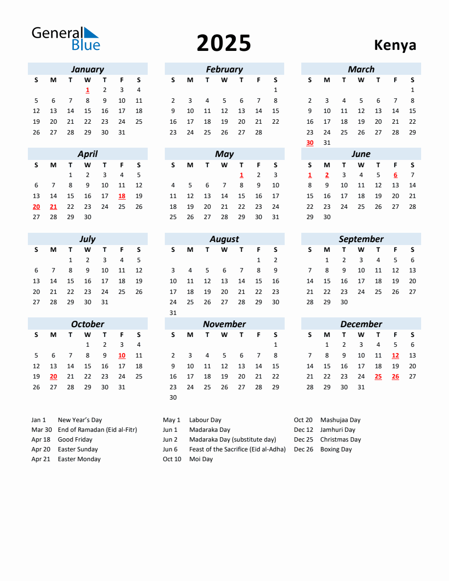 2025 Yearly Calendar for Kenya with Holidays