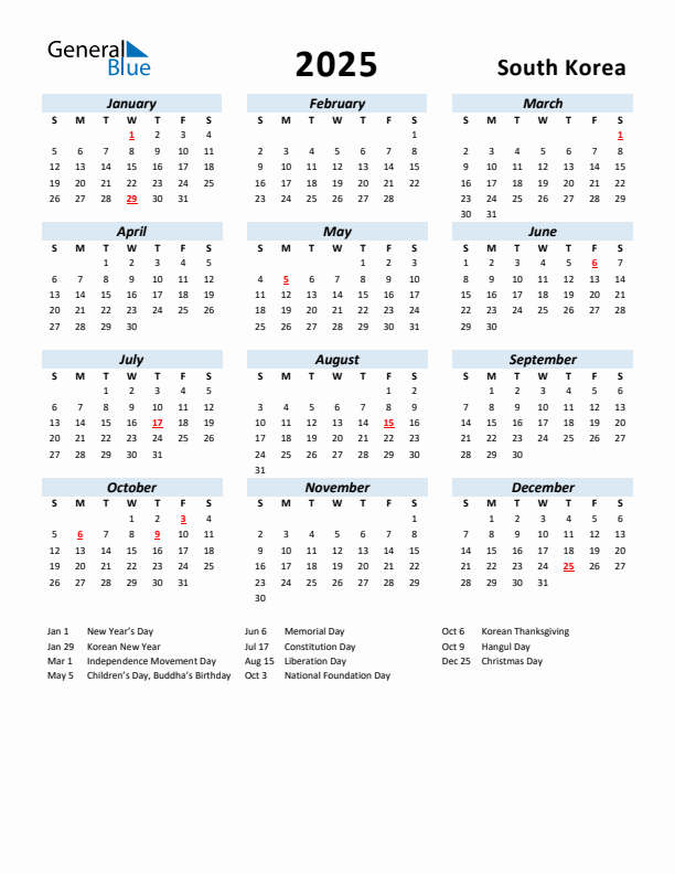 2025 Calendar for South Korea with Holidays