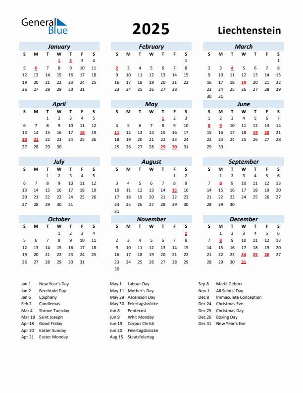 2025 Calendar for Liechtenstein with Holidays
