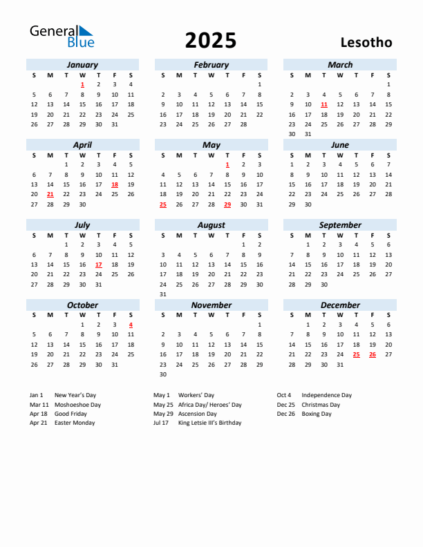 2025 Calendar for Lesotho with Holidays