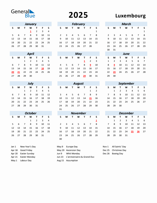 2025 Calendar for Luxembourg with Holidays