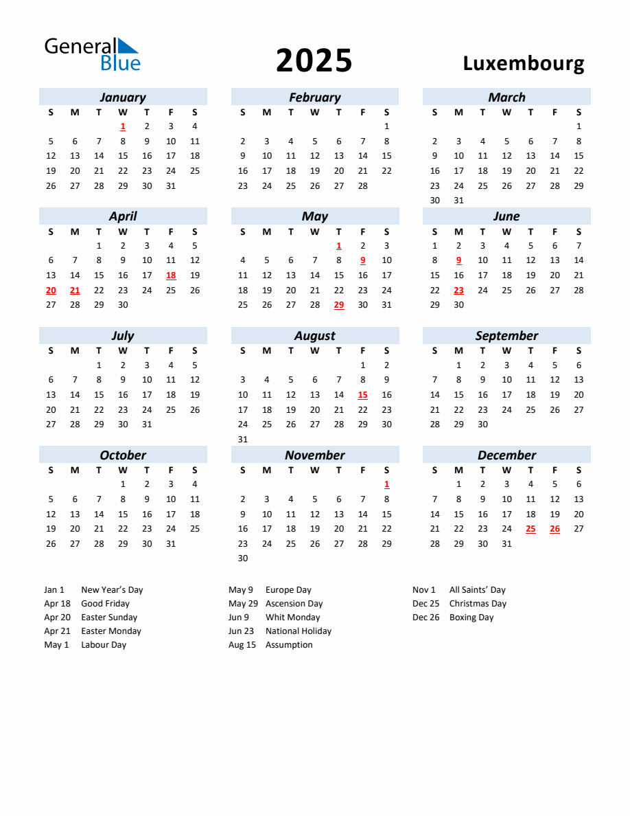 Calendar 2025 Luxembourg 