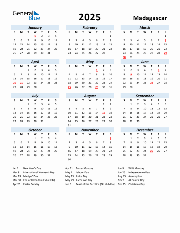2025 Calendar for Madagascar with Holidays