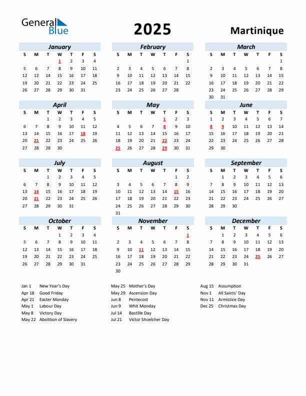 2025 Calendar for Martinique with Holidays