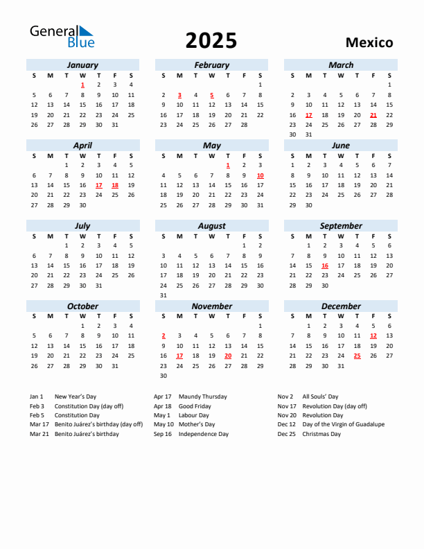 2025 Calendar for Mexico with Holidays