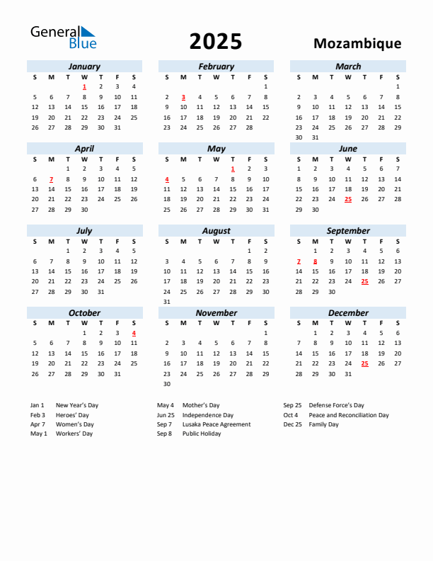 2025 Calendar for Mozambique with Holidays