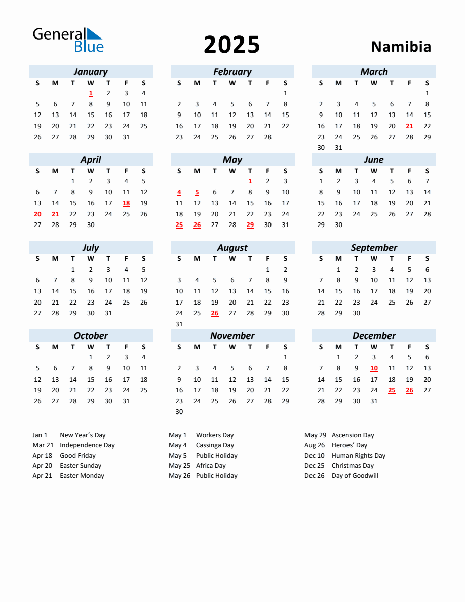 2025 Yearly Calendar for Namibia with Holidays