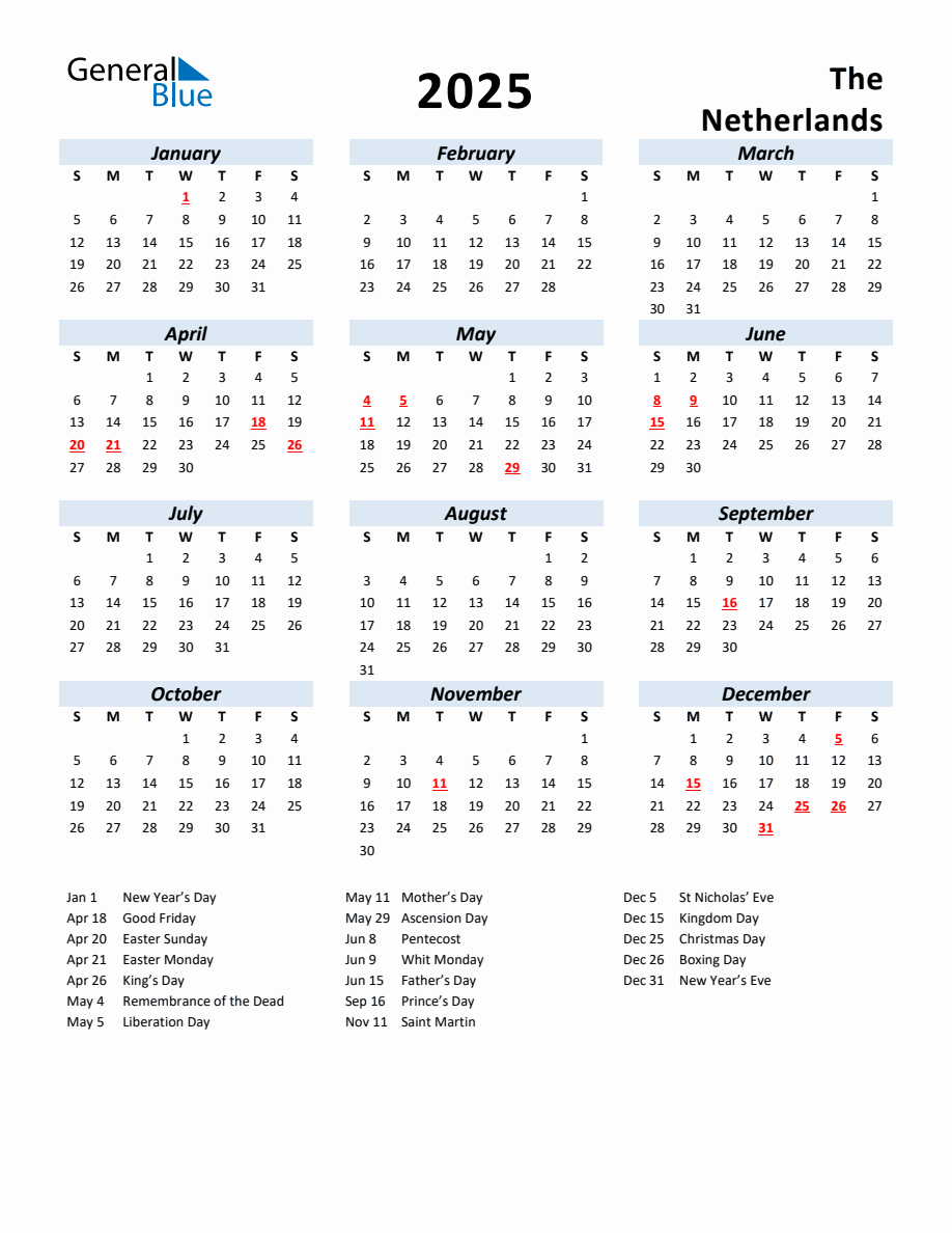 2025 Yearly Calendar for The Netherlands with Holidays