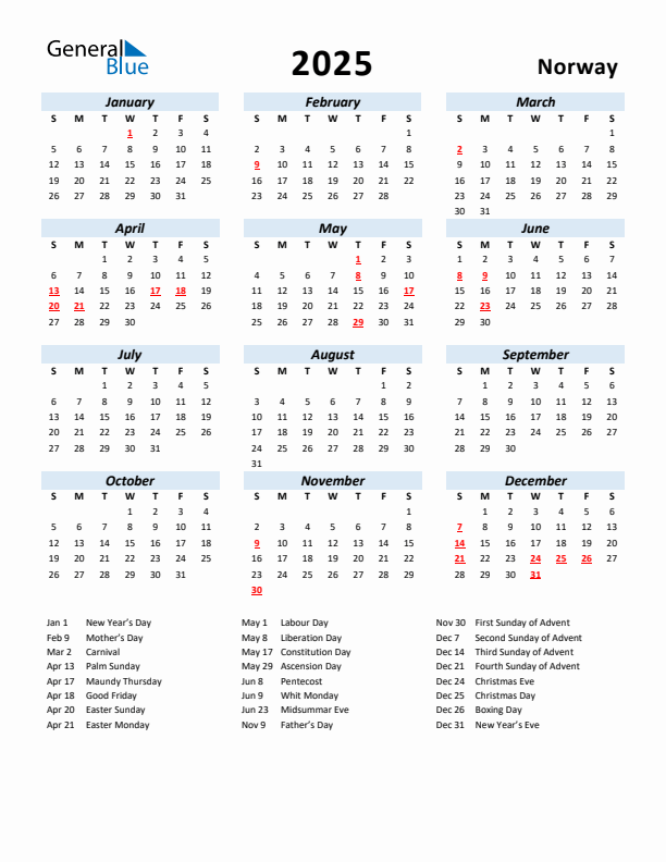 2025 Calendar for Norway with Holidays