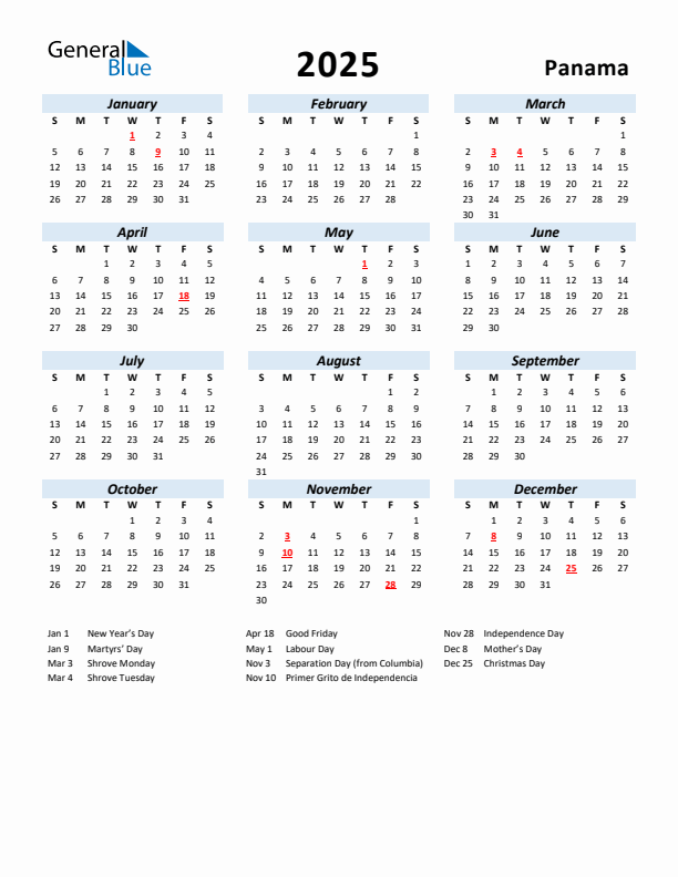 2025 Calendar for Panama with Holidays