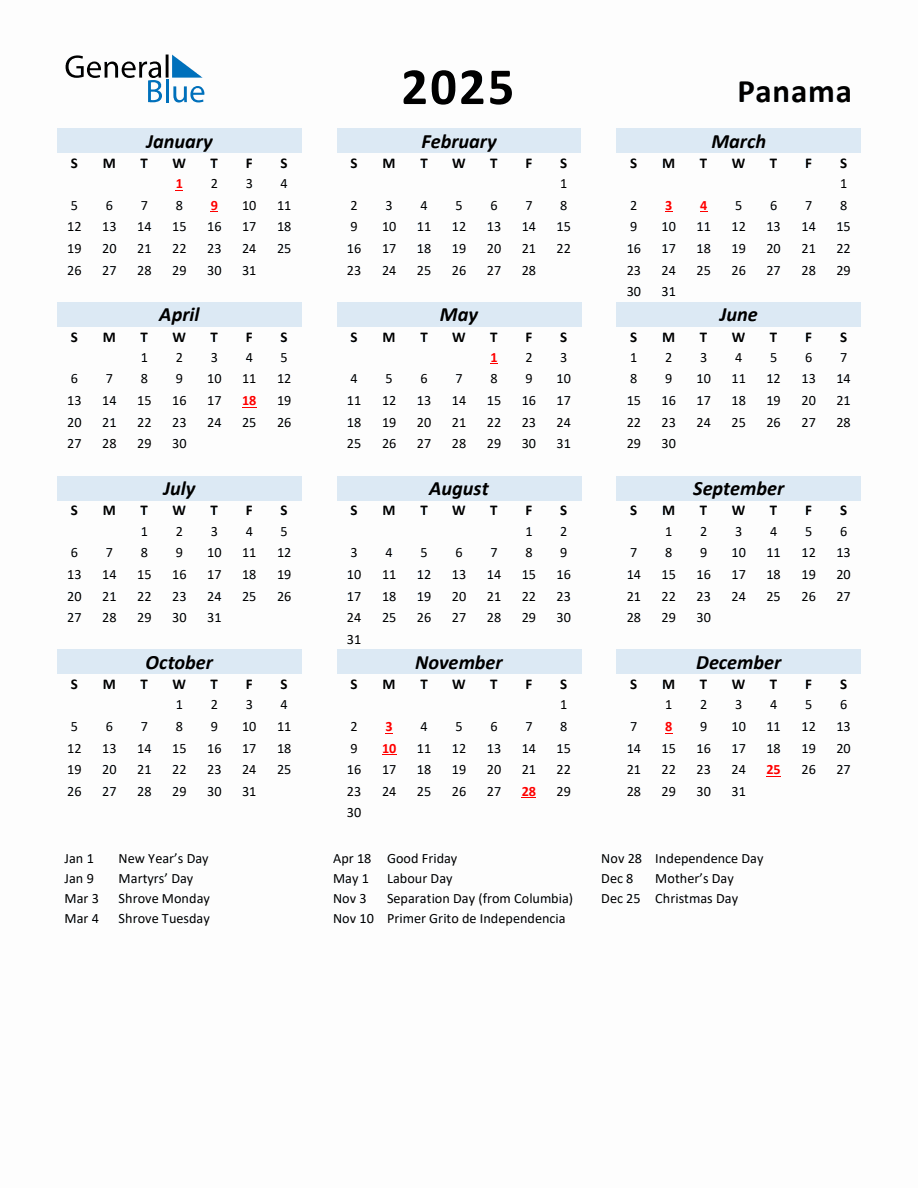 2025 Yearly Calendar for Panama with Holidays