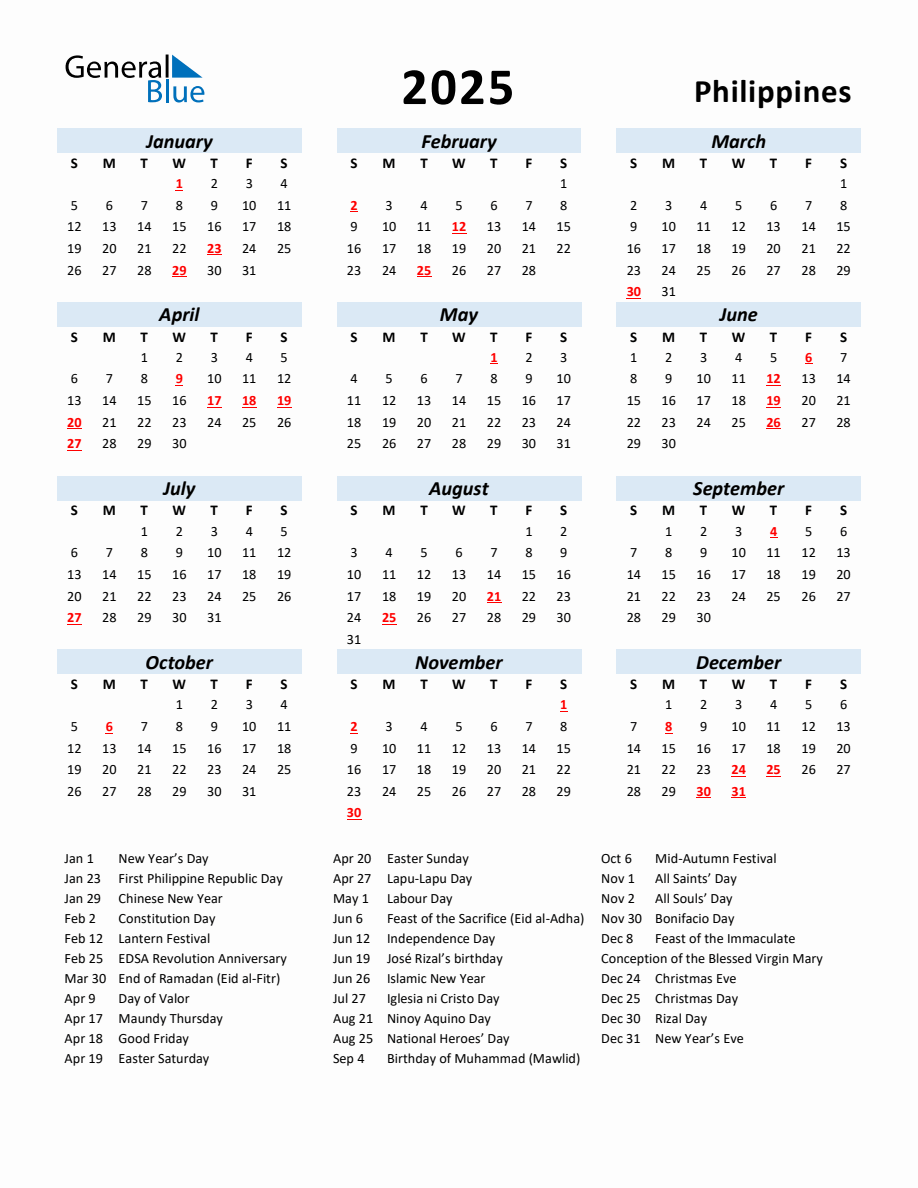 2025 Yearly Calendar for Philippines with Holidays