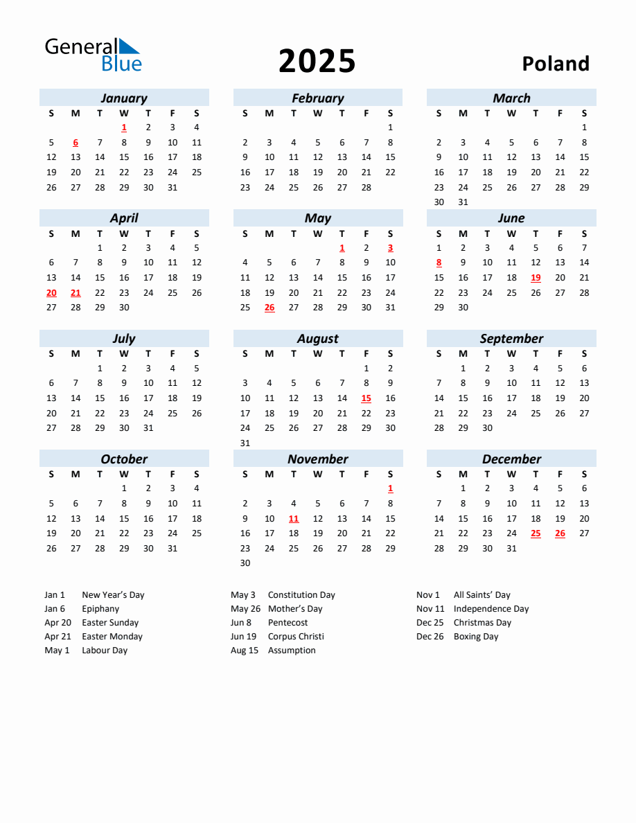 2025 Yearly Calendar for Poland with Holidays