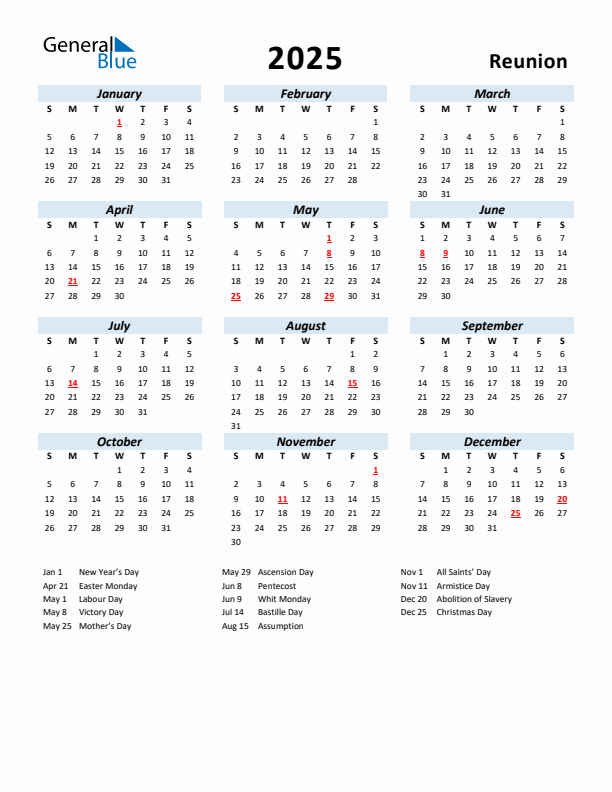 2025 Calendar for Reunion with Holidays