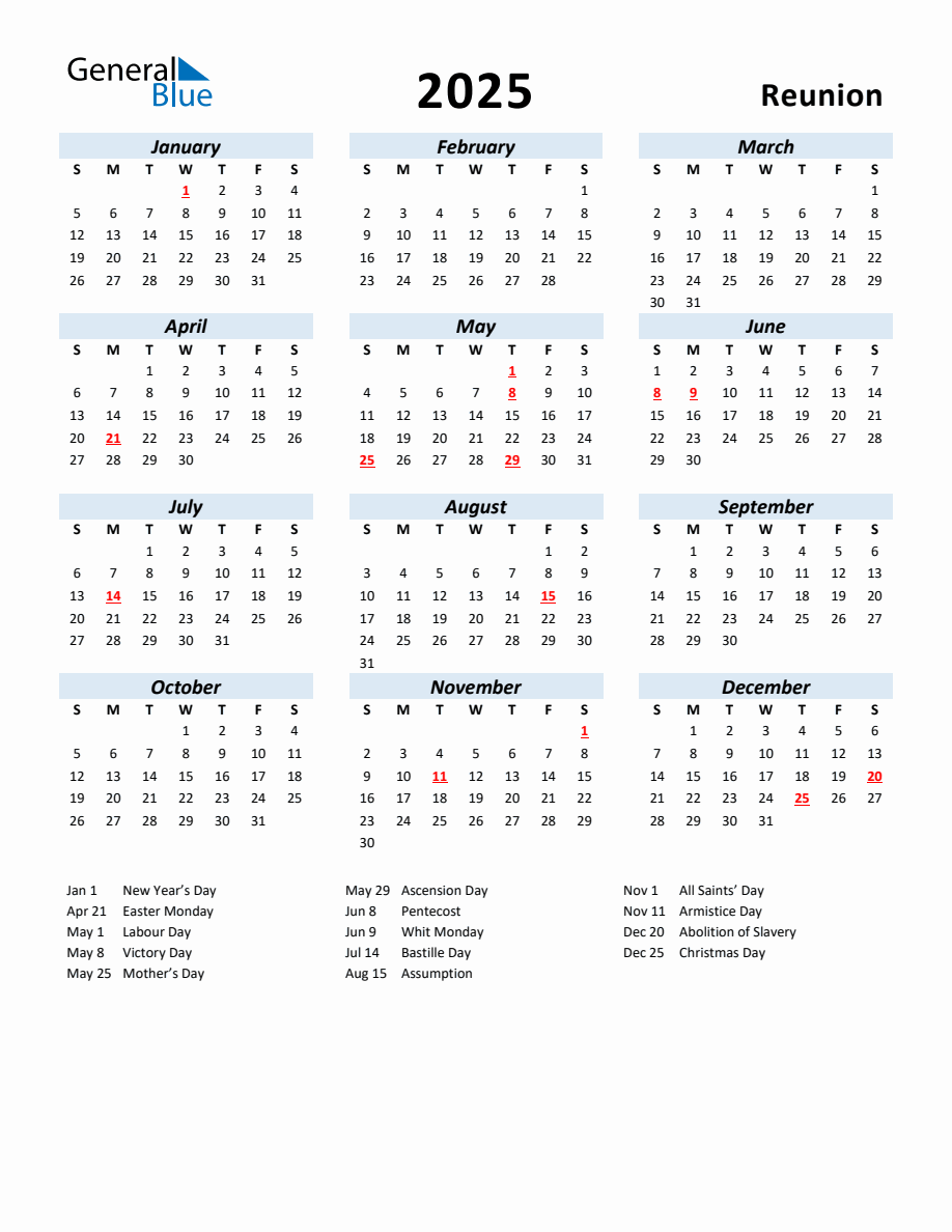 2025 Yearly Calendar for Reunion with Holidays