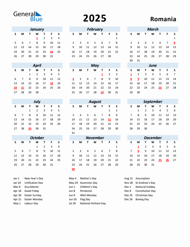 2025 Calendar for Romania with Holidays