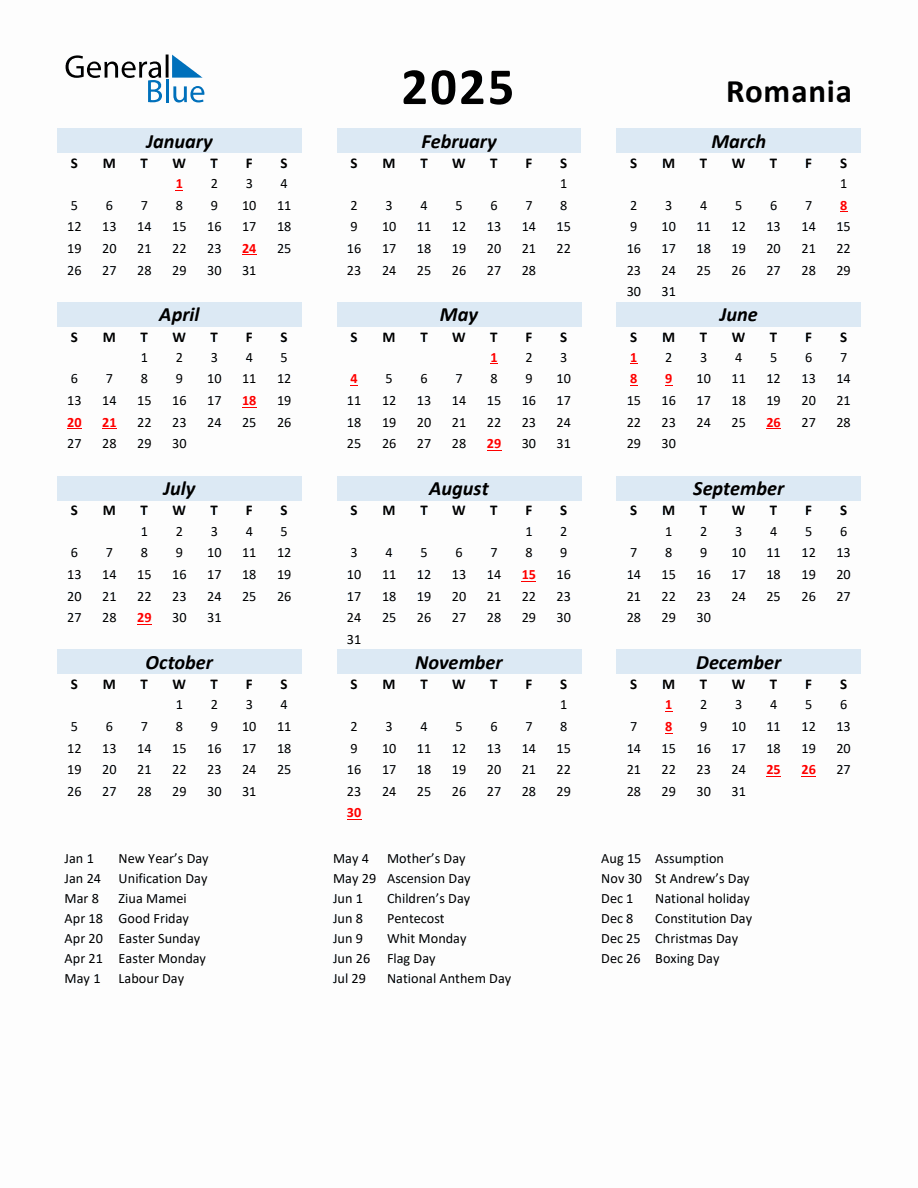 2025 Yearly Calendar for Romania with Holidays