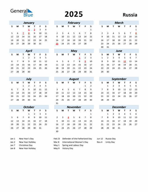 2025 Calendar for Russia with Holidays