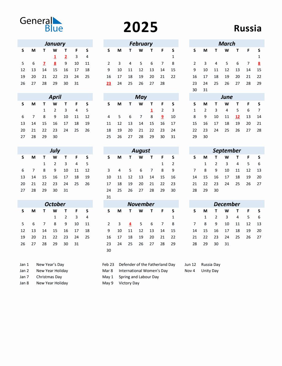 2025 Yearly Calendar for Russia with Holidays